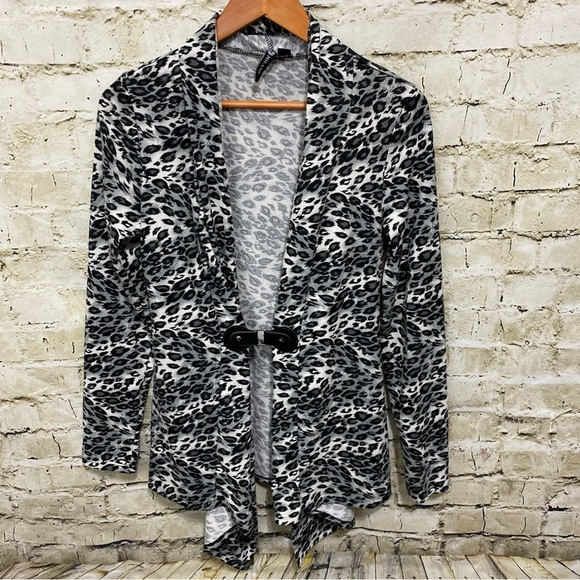 Milano Sweaters - Milano Black White Leopard Print Buckle Cardigan Sweater